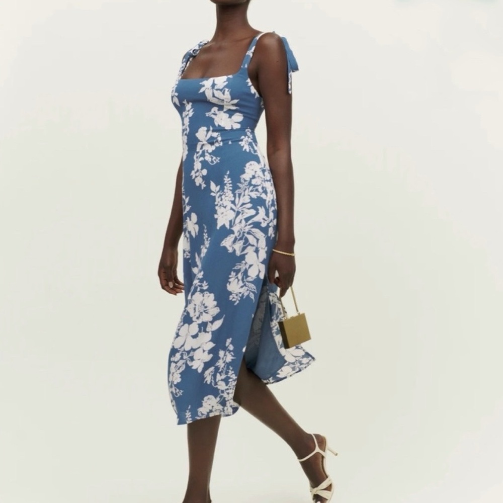 Reformation Besse Dress Floral Tie-Shoulder Midi Dress in Blue White Cyanotype 2